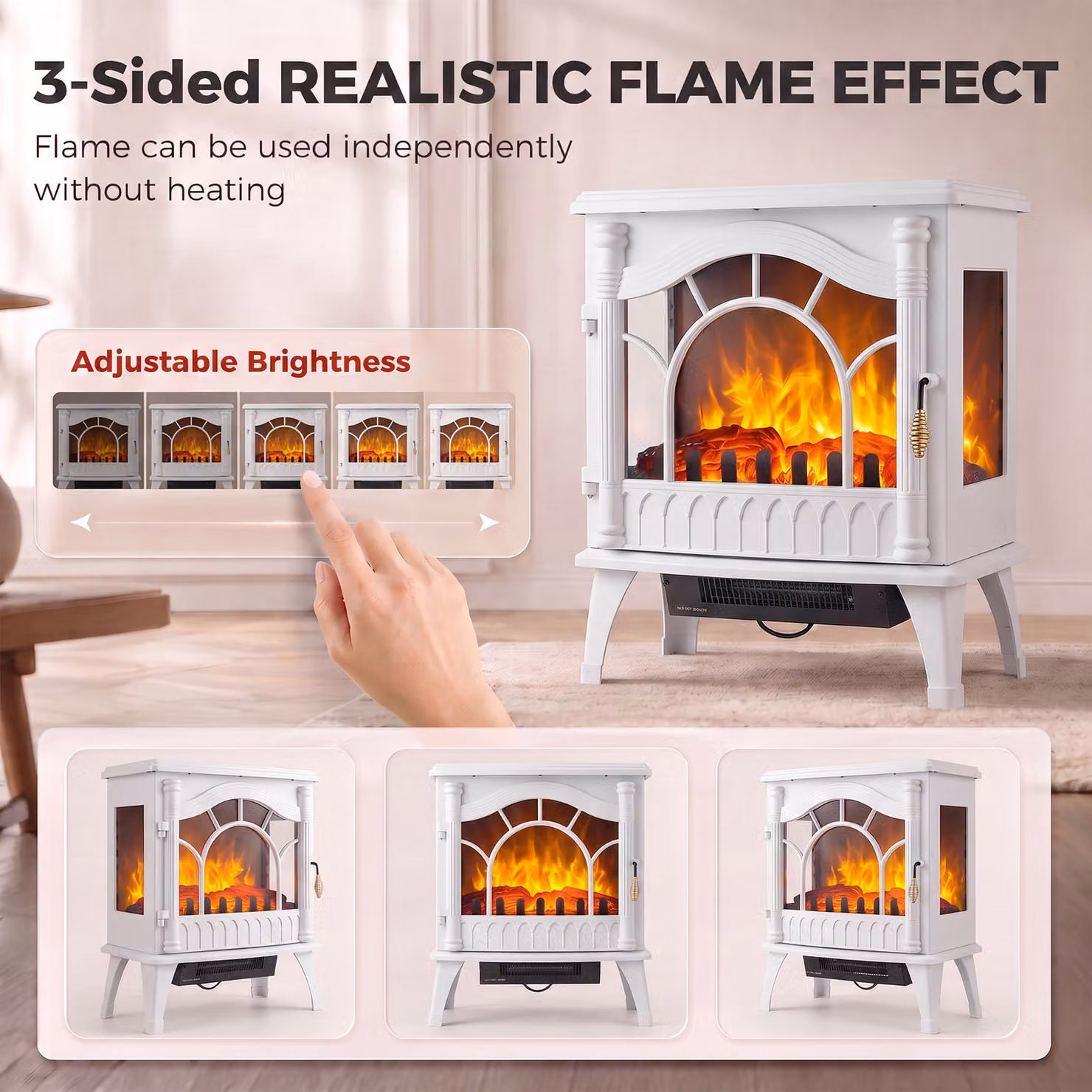 HOMCOM 3-Sided Glass Electric Fire Fan Heater, Freestanding Log Burner with Flame Effect, White – 4
