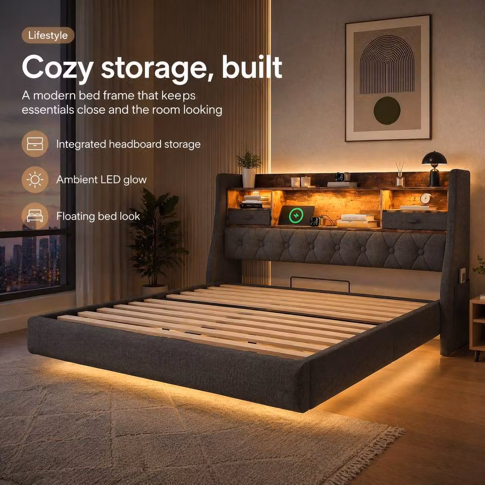 STILVORA Double Bed Frame in Grey with LED Headboard, USB Charging Ports and Storage Compartments, W/D/H: 140 x 200 x 135 cm – 3