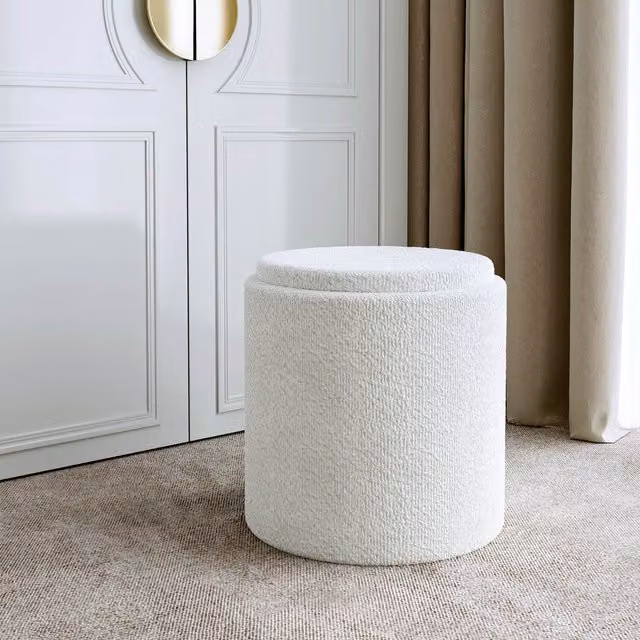 Carme White Boucle Upholstered Cylindrical Storage Stool