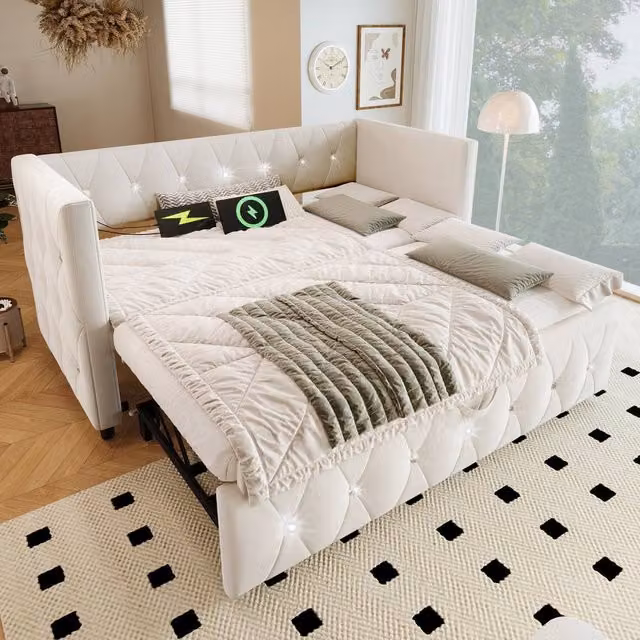 STILVORA Modern Single Velvet Daybed with Trundle and USB Charging Port in White, W/D/H: 90 x 190 cm – 1