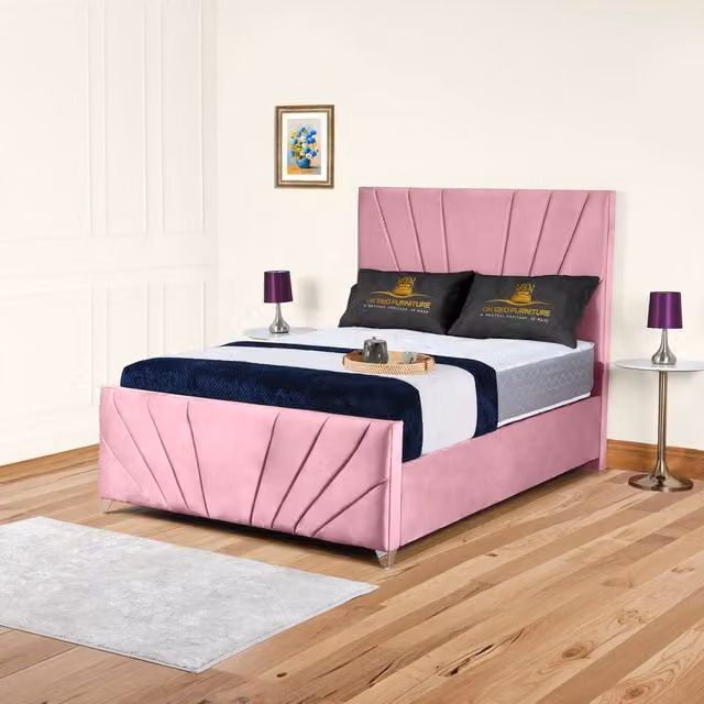 UK Bed Furniture Sunrise Pink Velvet Upholstered Slatted Base Bed, W/D/H: 180 x 200 cm