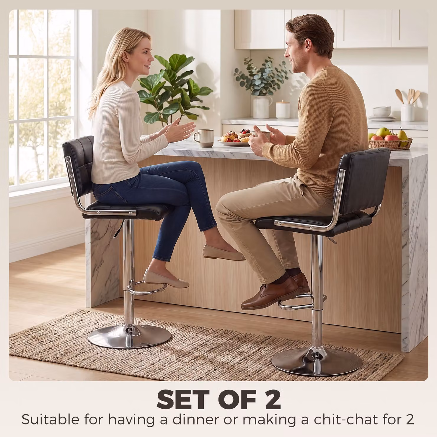 HOMCOM Set of 2 Modern Black PU Leather Adjustable Swivel Bar Stools with Backrest – 4