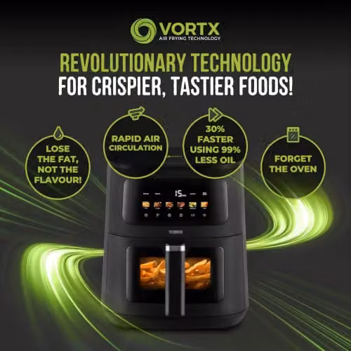 Tower Vortx 8L Digital Air Fryer in Black with Viewing Window and Digital Display – 8