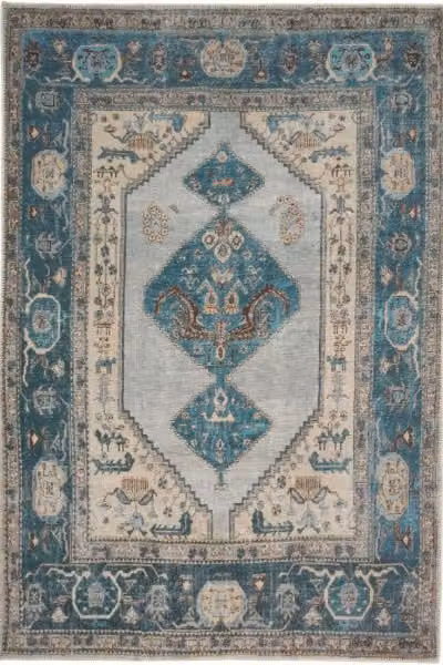 Kukoon Teal Blue Distressed Bordered Medallion Non Slip Washable Low Pile Rug W: 80 cm, L: 150 cm – 1