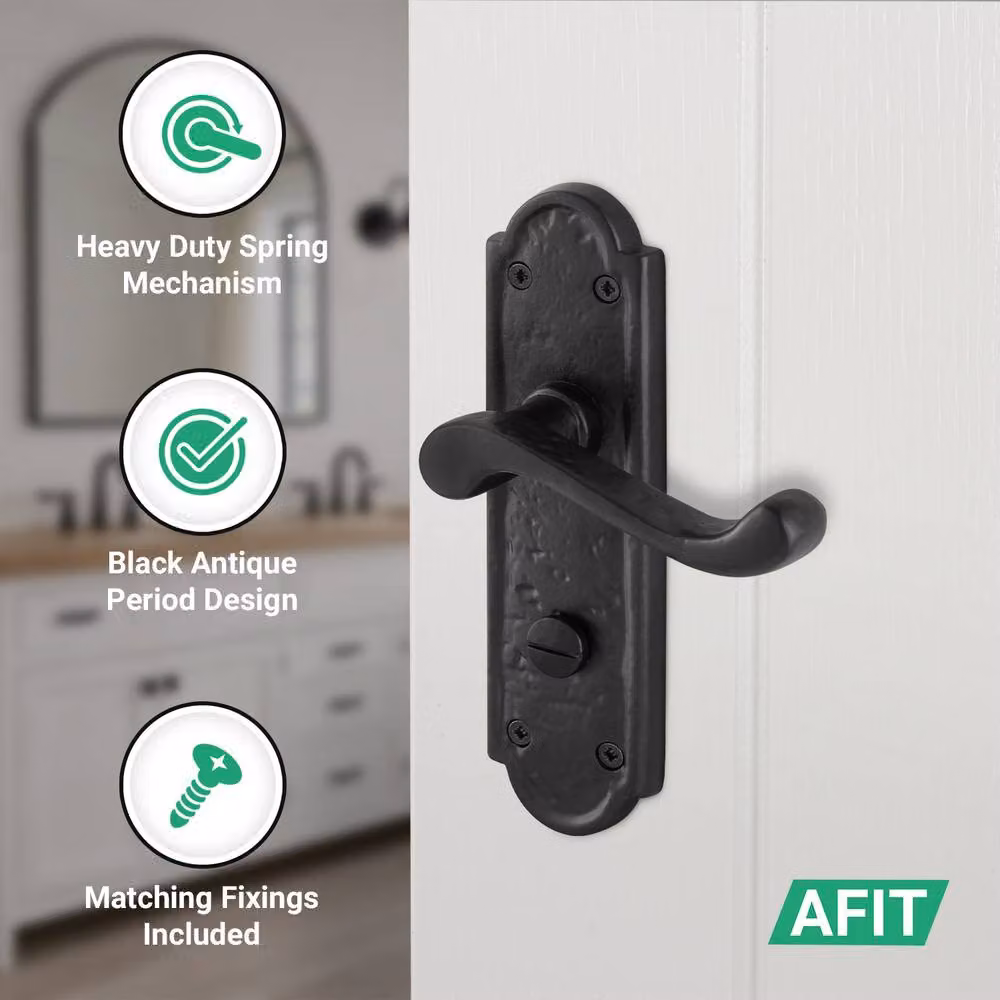 AFIT Black Antique Cast Iron Door Handles with Bathroom Lock and 64mm Hinges, W/D/H: 15 x 15 x 1.5 cm – 3