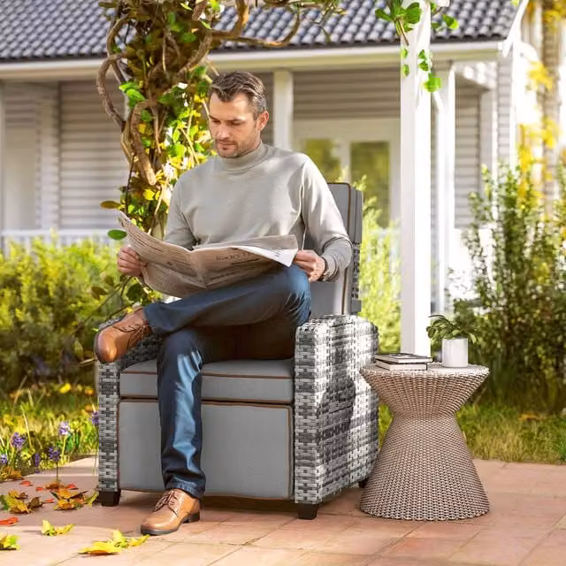 Outsunny Grey Polyrattan Garden Recliner Chair with Side Tray and Armrests