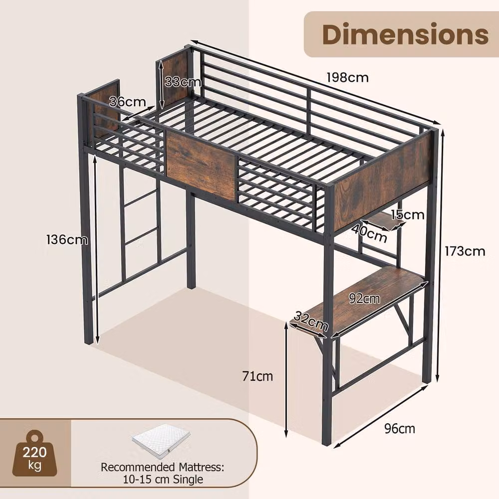 Costway Single Metal Loft Bed with Desk, Shelf and Safety Guardrail in Brown, W/D/H: 200 x 90 x 136 cm – 3
