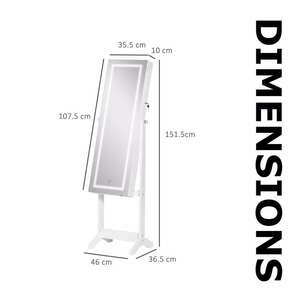 FURNOS White Glossy Free Standing Jewellery Cabinet with Mirror, LED Lighting and Lock, H 151.5 x W 46.0 x D 36.5 cm – 3