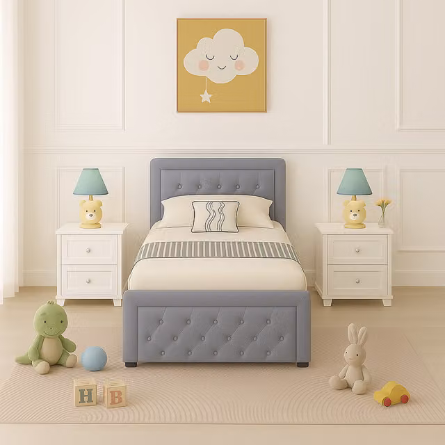 Home Treats Grey Upholstered Single Ottoman Bed Frame with Hybrid Mattress, W/D/H: 90 x 200 cm