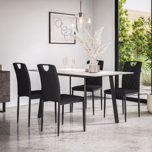More4Homes Haydon Extending Dining Table and 6 Monza Faux Leather Chairs Set, White Marble Effect Top with Black Legs, W/D/H: 120 x 80 x 76 cm – 1