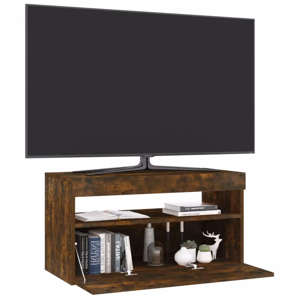 Berkfield Home Modern Smoked Oak TV Cabinet with LED Lights in Brown, W/D/H: 75 x 35 x 40 cm – 3