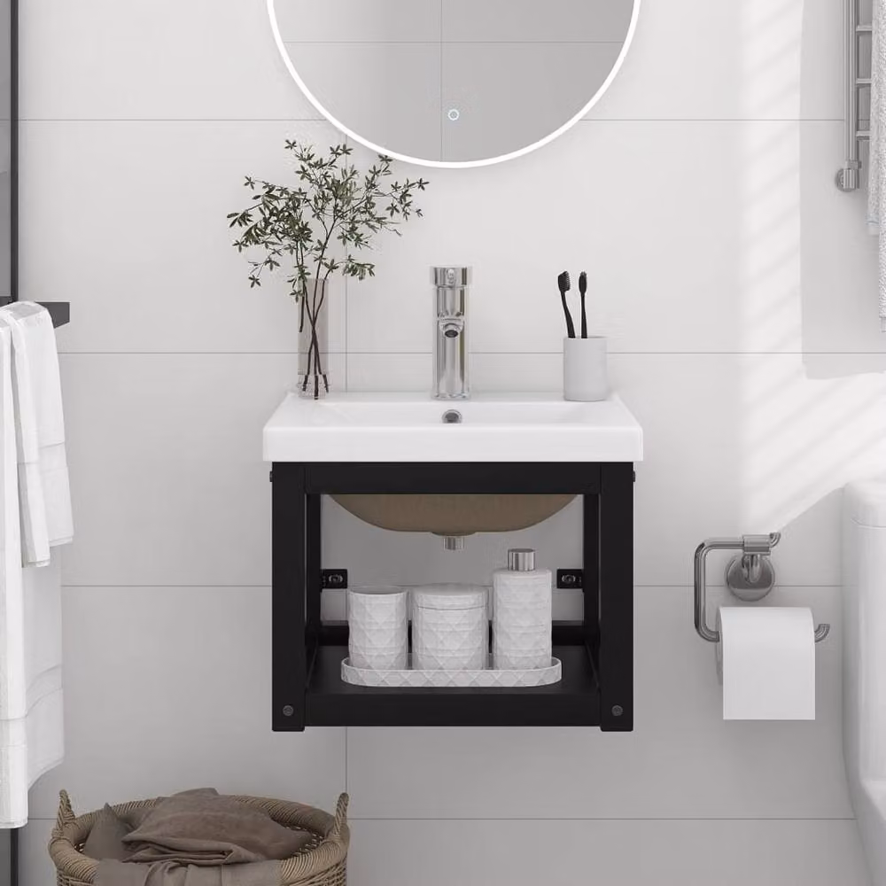 Berkfield Home Modern Bathroom Washbasin Frame with Built-in Ceramic Basin in Matt Black Metal – 2