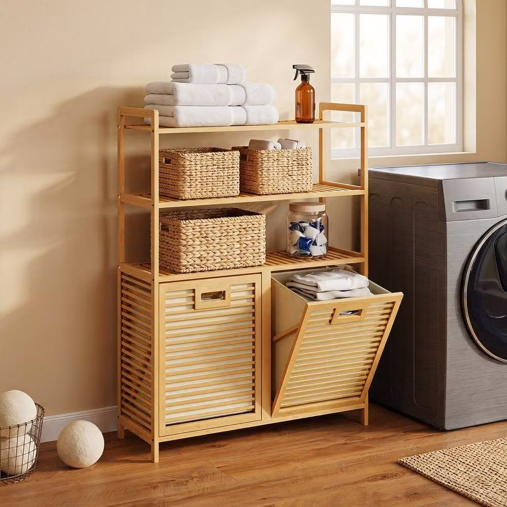 Kelvenix Bamboo Double Tilt Out Laundry Hamper in Natural Brown with Removable Bag, W: 100 cm, D: 15 cm – 3