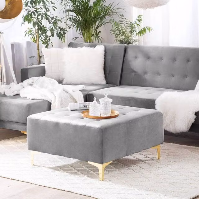 Wyld and Coco Grey Velvet Tufted Ottoman with Gold Metal Legs W/D/H: 41 x 41 x 80 cm