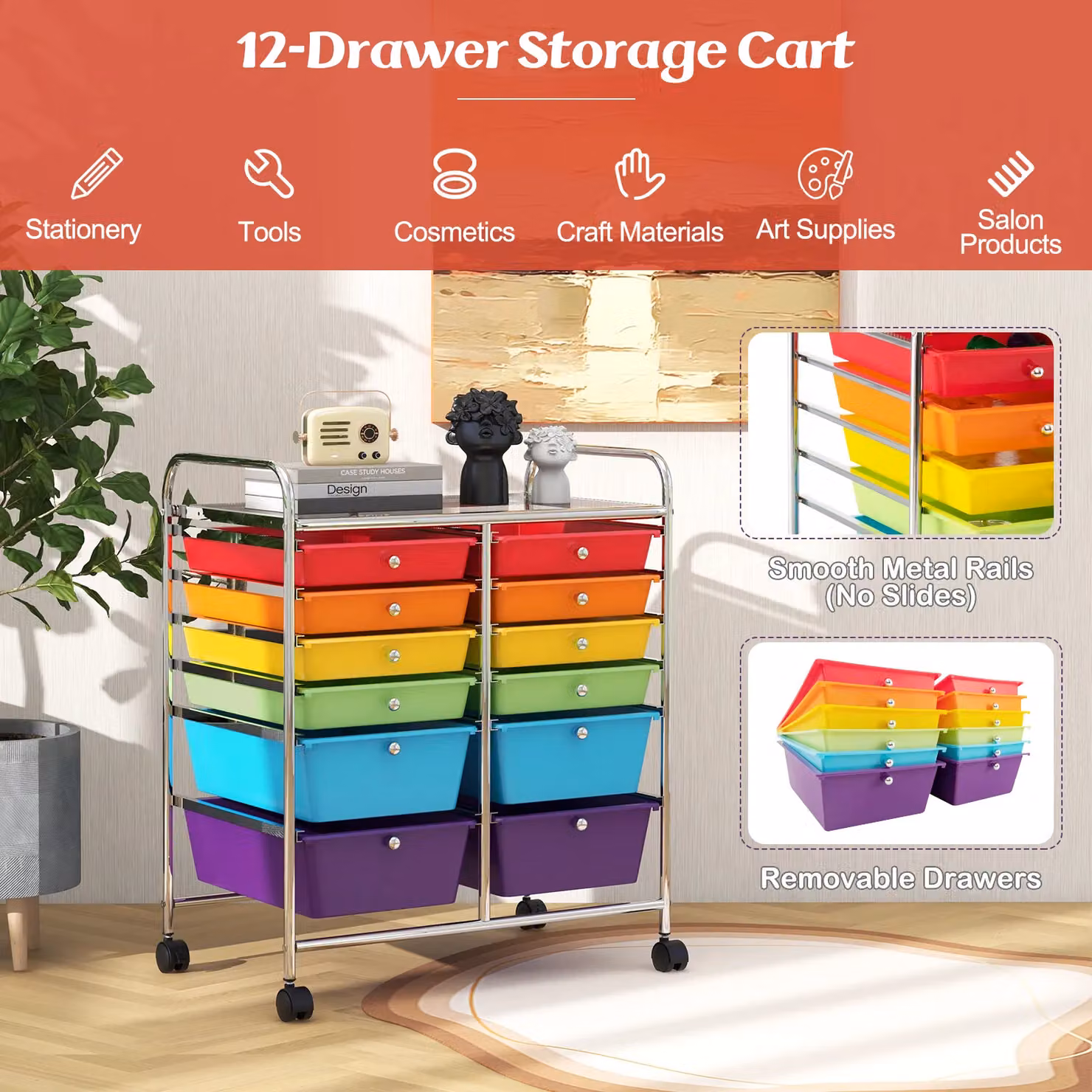 Gymax 12 Drawer Rolling Utility Storage Cart with Wheels and Handles in Multicolour – 3