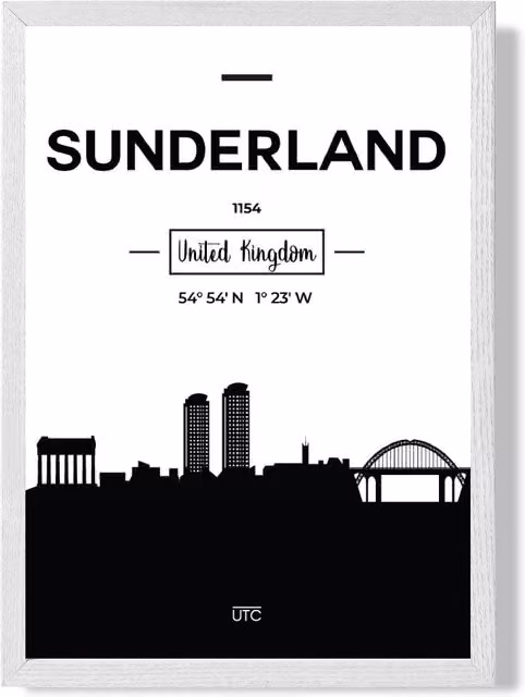 ARTZE Sunderland Black and White City Skyline Framed Photograph in White Wood Frame