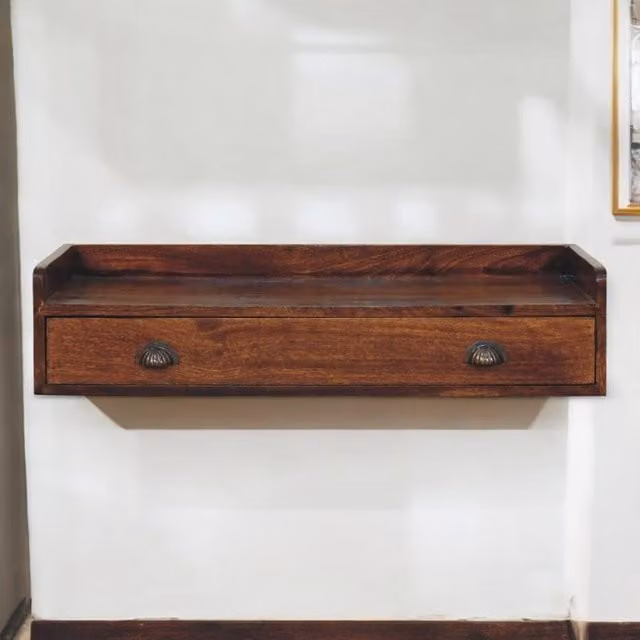 STILVORA Wall-Mounted Console Shelf with 1 Drawer in Brown Mango Wood and Bronze Metal