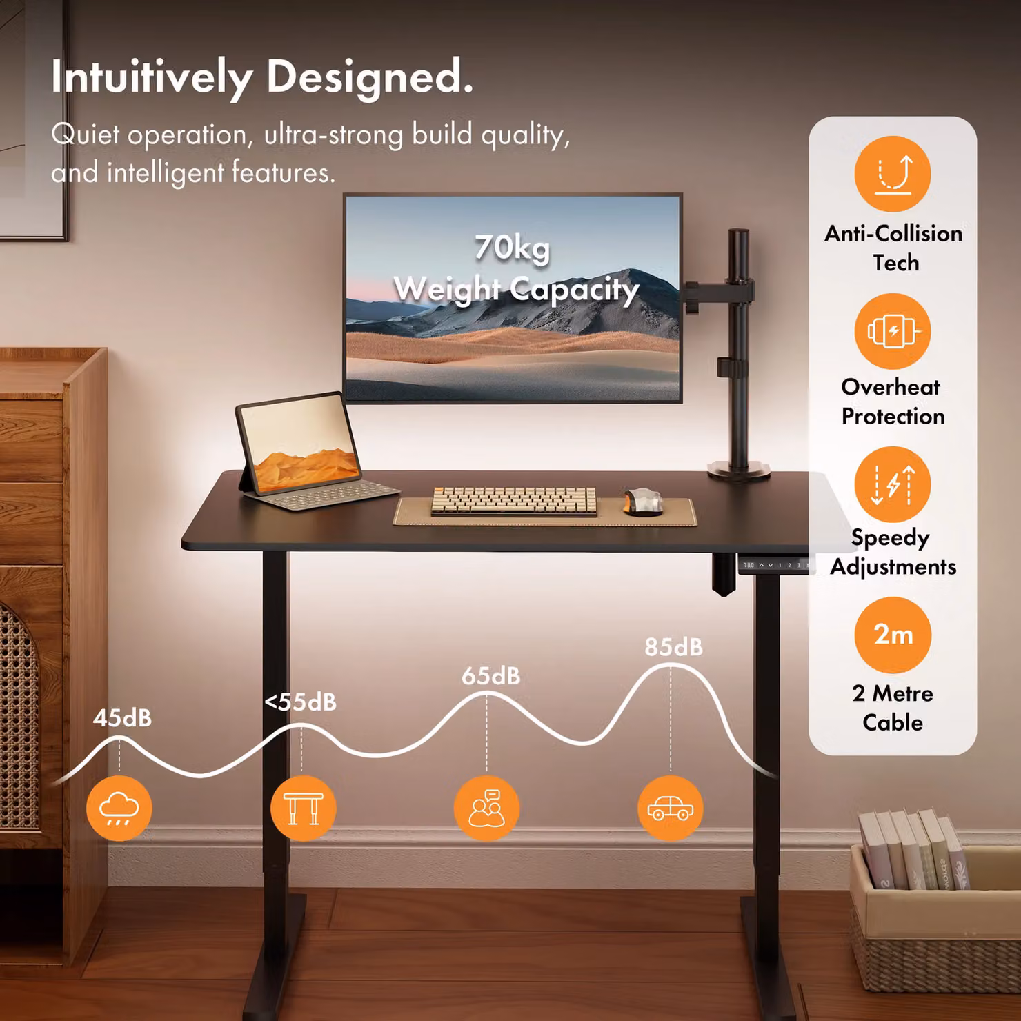 VonHaus Electric Height Adjustable Standing Desk with USB-C Charging in Matt Black – 4