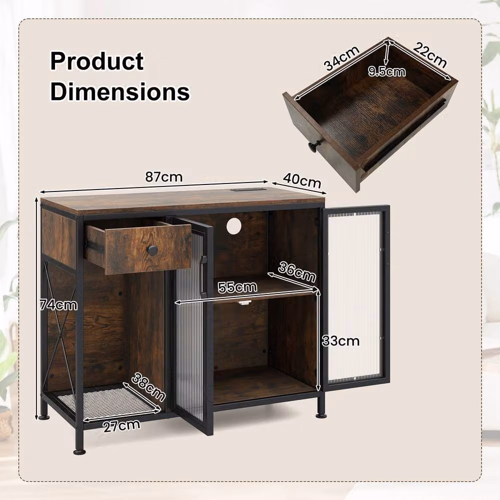Gymax Brown Industrial Buffet Sideboard with Integrated LED Lighting and Power Outlets – 2