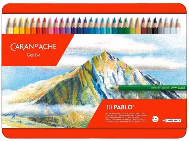 Caran d'Ache Pablo 30 Water-Resistant Professional Artist Colour Pencils in Assorted Colours with Metal Tin