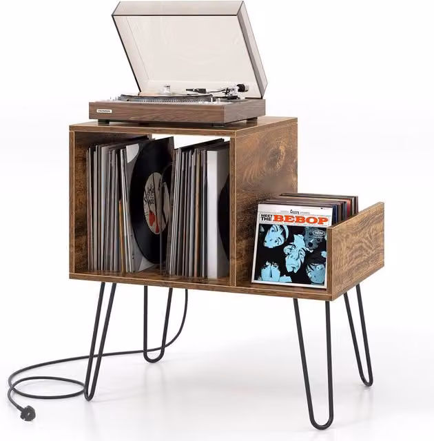 Costway Mid-century Modern Record Player Stand and Turntable End Table in Brown – 1