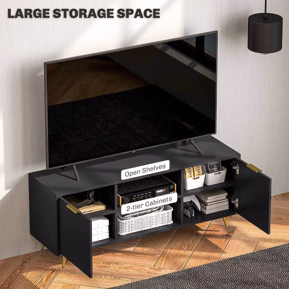 Wyld Haus Ellini Black Wood TV Stand with 2 Open Shelves and 2 Doors, Fits up to 55 inch, W: 120 cm – 6