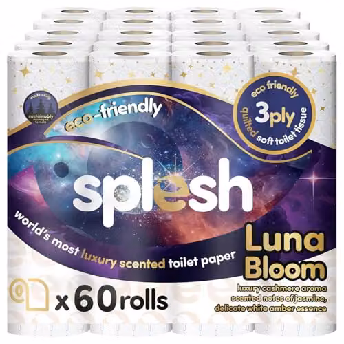 Cusheen Splesh Luna Bloom Cashmere Scented Toilet Roll, 60 Rolls, 3 Ply Luxury White Bathroom Tissue Pack