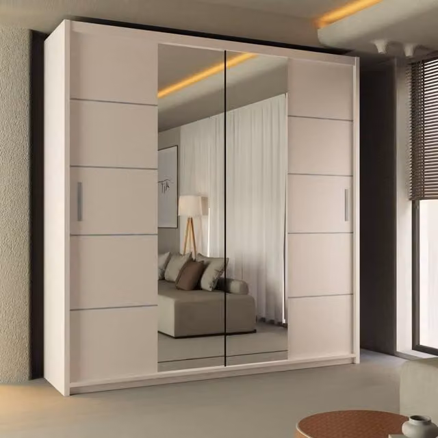 Sliding Wardrobes 4U Ribon Mirror Sliding Door Wardrobe in White W/H: 203 x 217 cm