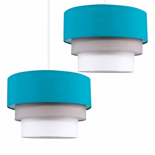 ValueLights Aztec Set of 2 Modern Round Three Tier Fabric Ceiling Pendant Lamp Shades in Turquoise, Grey and White, Width: 30 cm – 4