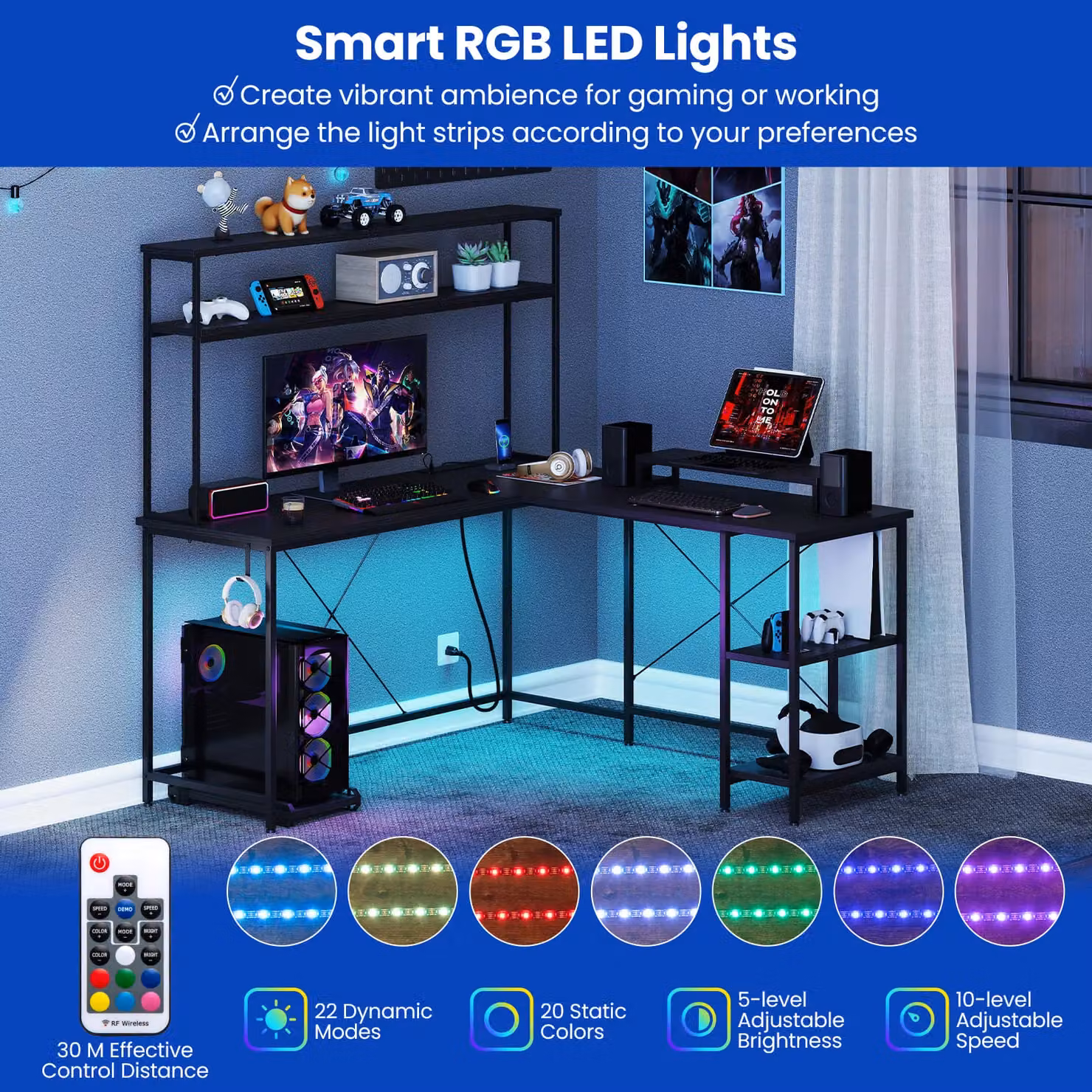 Costway L-Shaped Reversible Corner Gaming Desk with LED Strip in Black – 4