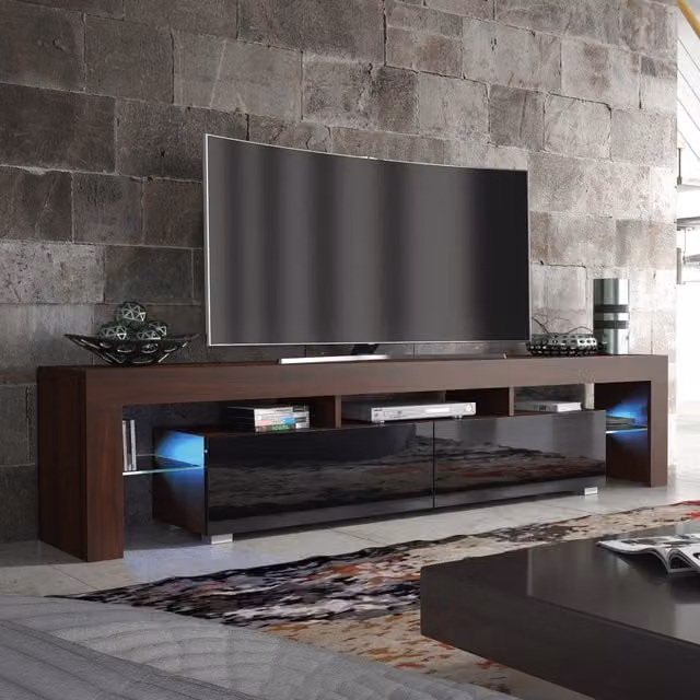 Creative Furniture Nova Modern Glossy TV Unit in Walnut and Black, W: 200 cm, H: 45 cm, D: 35 cm