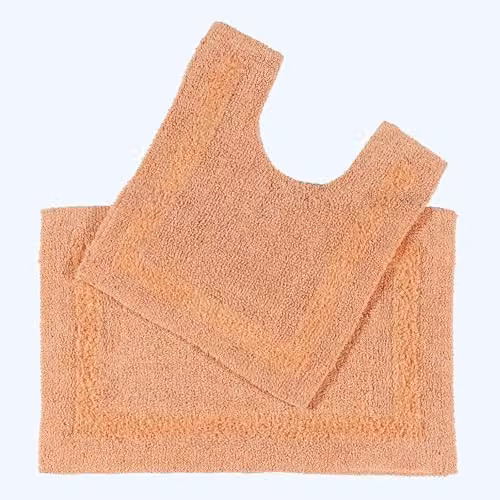 HOMESCAPES 2 Piece Luxury Cotton Bath Mat and Toilet Rug Set, Peach – 1