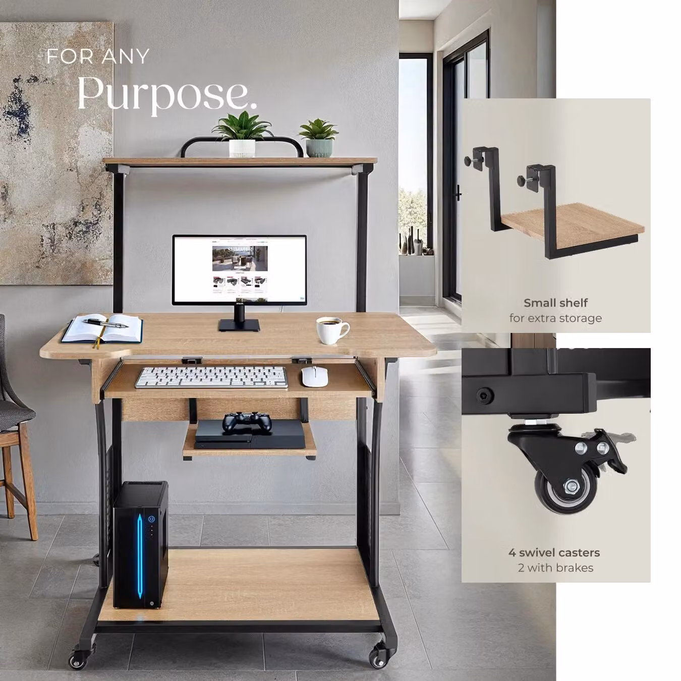 tectake Fife Computer Desk with 3 Levels, Attachable Shelf, Keyboard Tray and 4 Castors in Light Oak – 4