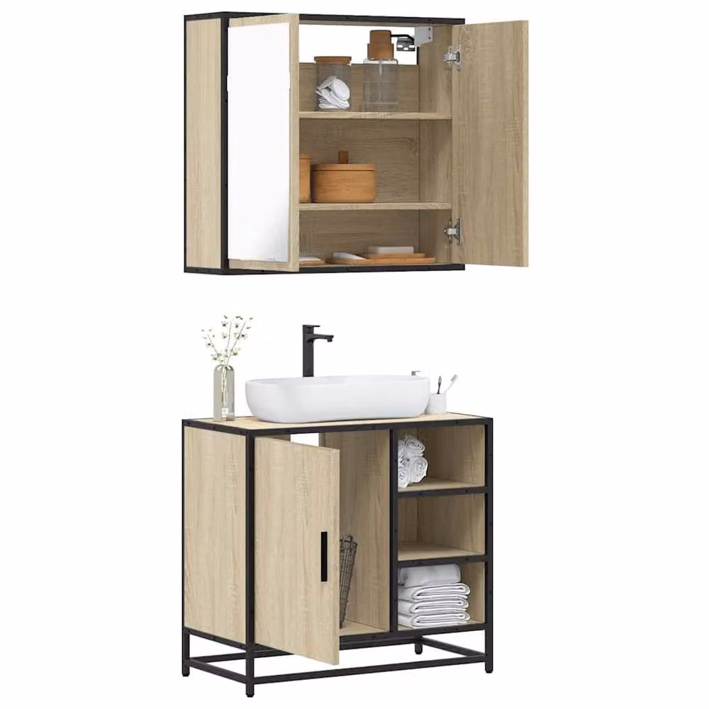 Berkfield Home 2 Piece Industrial Bathroom Furniture Set in Sonoma Oak Brown, featuring a Vanity Unit and Mirror Cabinet – 2