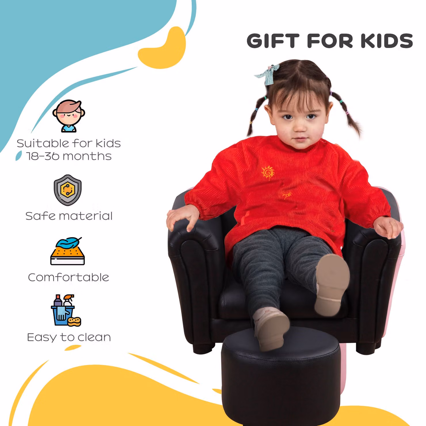 HOMCOM Toddler Chair and Stool Set in Black, W/D/H: 54 x 42 x 41 cm – 6