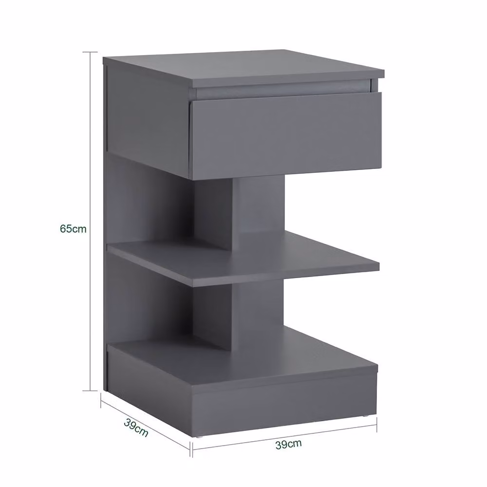 SoBuy Set of 2 Modern Nightstands with 1 Drawer and 2 Shelves, Dark Grey, H: 65 cm – 6