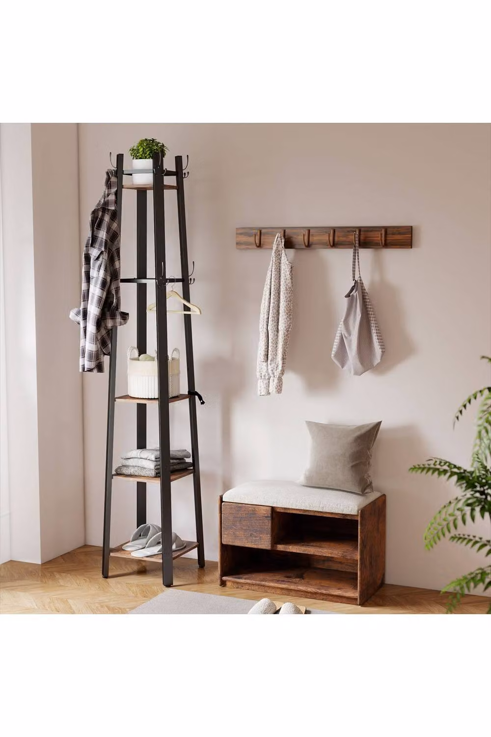 ERGOVEXA Industrial-Style Four Shelf Coat Stand in Black and Brown – 2