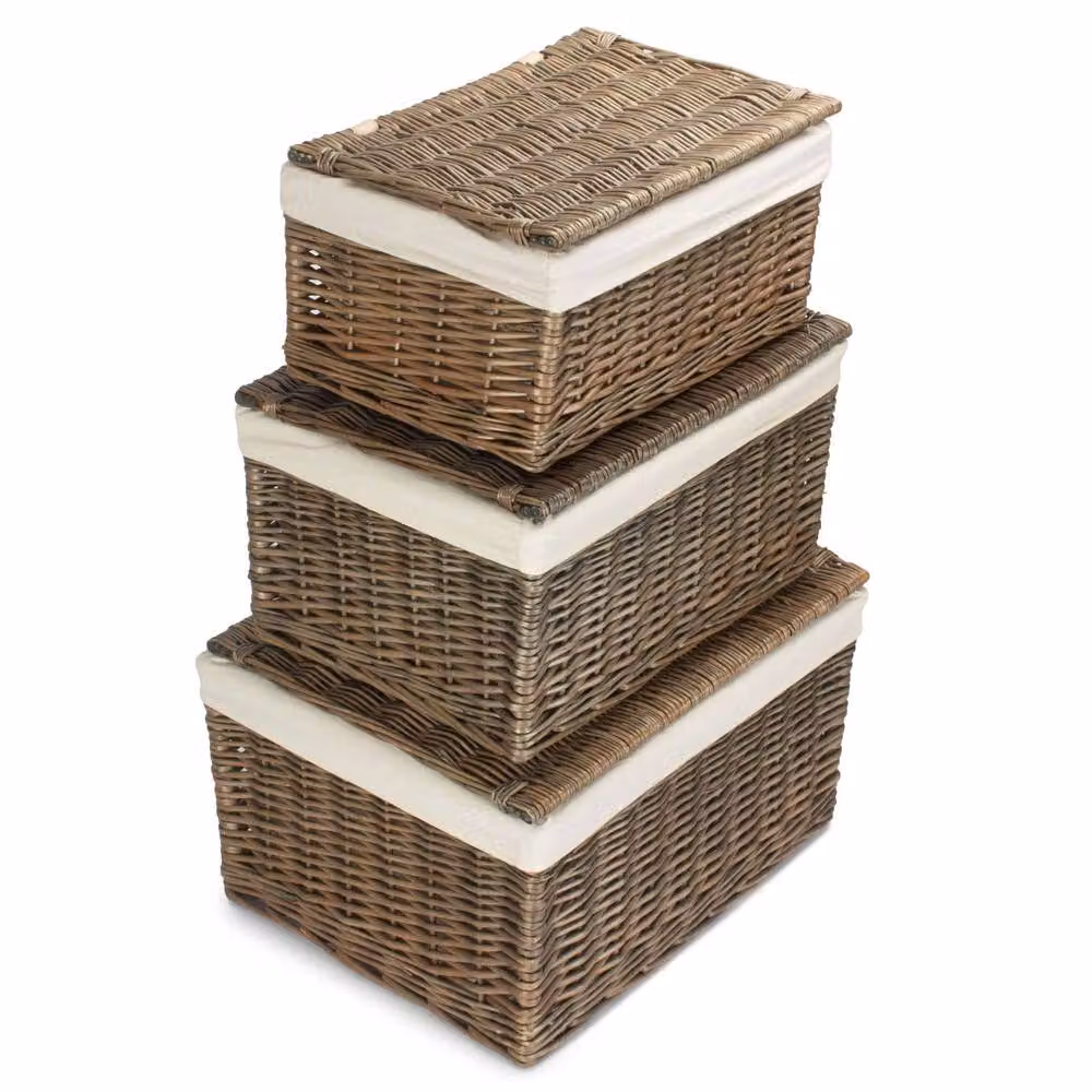 Red Hamper Set of 3 Small Antique Wash Wicker Storage Baskets with Brown Cotton Lining – 2