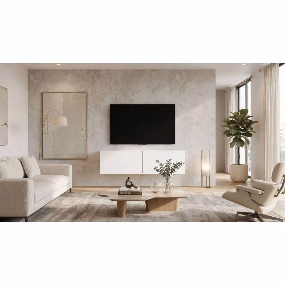 PAWNORA White Wall Mounted Floating TV Unit with 2 Cabinets, Width: 120 cm – 2