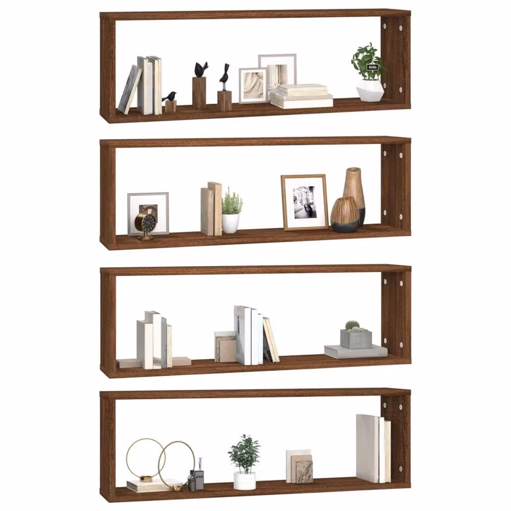 Berkfield Home Wall Mounted Cube Shelves, 4 Piece Set, Brown Oak, W: 80 cm, D: 26.5 cm, H: 15 cm – 4