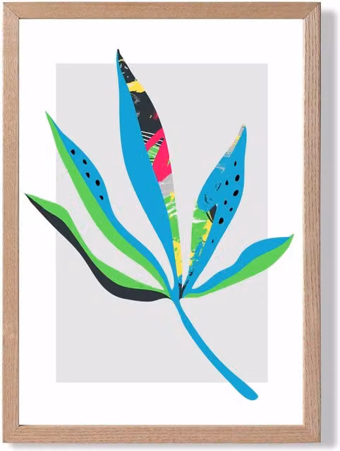 ARTZE Palm Leaf Blue and Green Abstract Minimalist Framed Print with Oak Frame