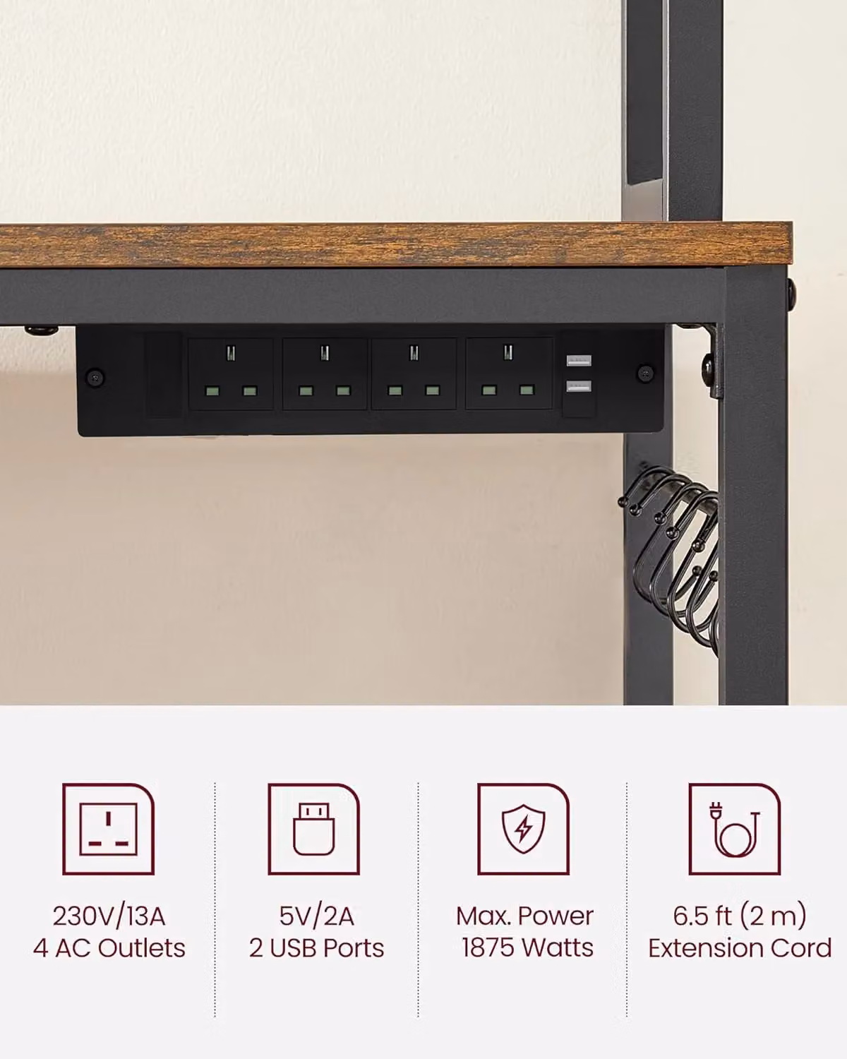 VASAGLE Compact Freestanding Kitchen Rack with Power Outlet and Adjustable Shelves in Brown – 3
