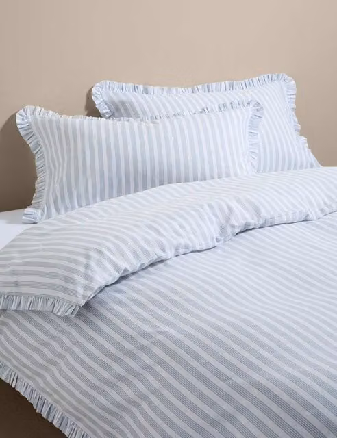 M&S Blue Mix Pure Cotton Narrow Stripe Ruffle Bedding Set 90x190 cm