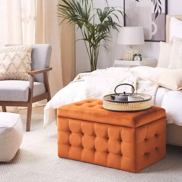 Wyld and Coco Orange Velvet Chesterfield Tufted Storage Ottoman Bench
