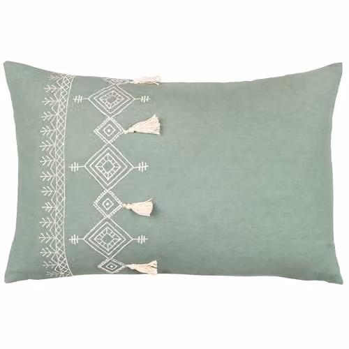 Riva Home Pritta Bohemian Geometric Embroidered Cotton Tassel Trim Cushion in Green, W: 60 cm, H: 40 cm, D: 40 cm – 1
