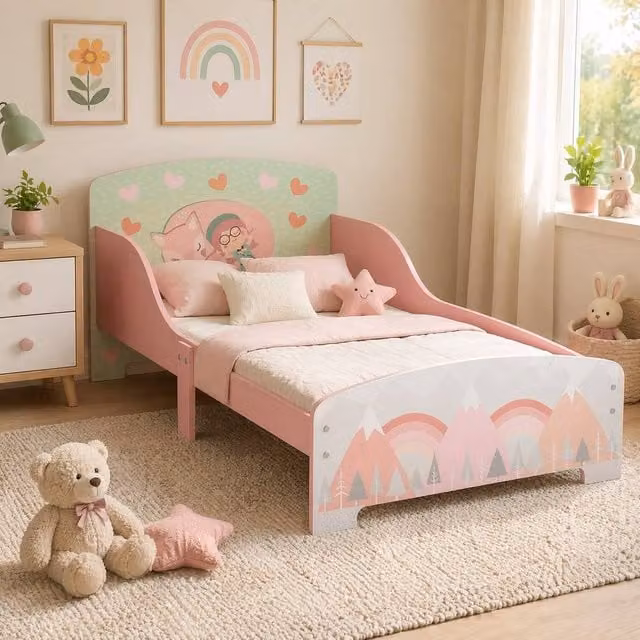 STILVORA Toddler Bed Frame with Side Rails in Pink, Small Single