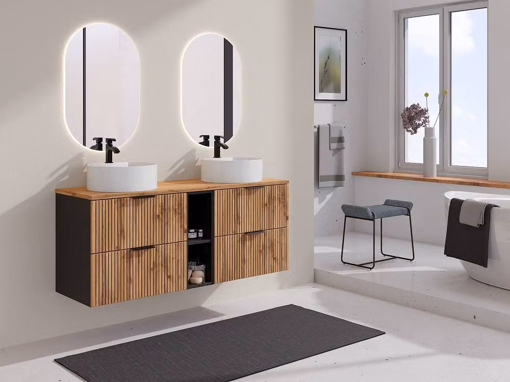 Vente-unique Striped Suspended Under-Basin Cabinet with Niches in Light Natural and Black, W/D/H: 140 x 41 x 46 cm – 2