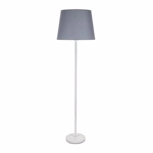ValueLights Charlie White Metal Single Stem Floor Lamp with Grey Fabric Tapered Lampshade, H 148 cm x W 45 cm x D 45 cm