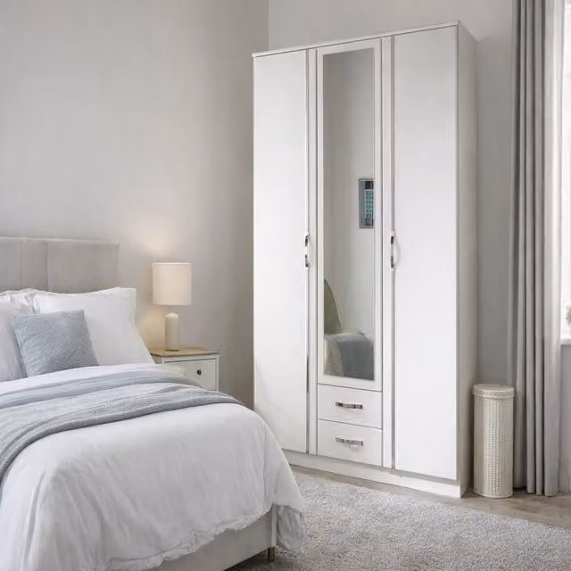 Duo 078484 White Modern Freestanding Wardrobe with 3 Hinged Doors, 2 Integrated Drawers and Mirror