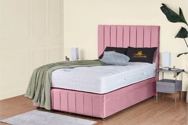 UK Bed Furniture Hamilton Single Ottoman Storage Divan Bed with End Lift and Headboard in Pink Velvet Fabric, W/D/H: 90 x 190 cm